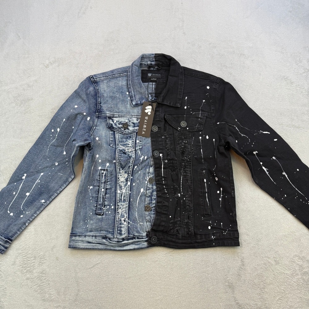 Waimea Denim Jacket Mens Small Blue Black Split Two Tone Paint Splatter Y2K